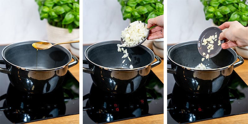 Aqueça o óleo de cozinha (sem infusões) num tacho e refogue a cebola picada até ficar translúcida. Junte o alho e cozinhe durante mais um minuto, até libertar aroma