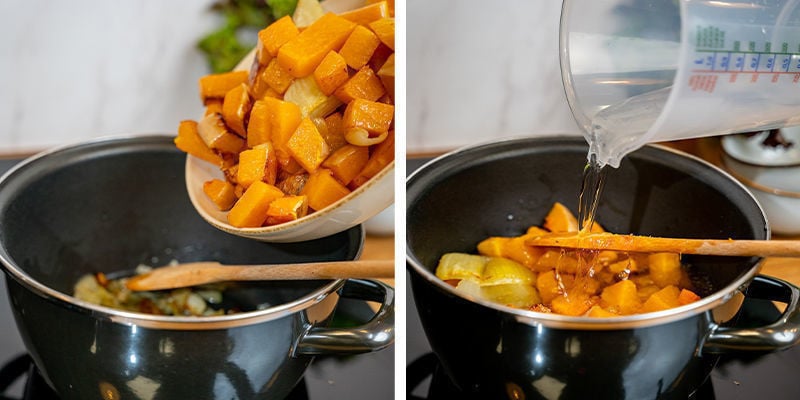 Adicione a abóbora assada e o caldo de legumes com a água, e deixe levantar fervura lentamente