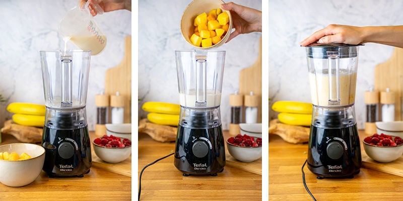 Adicione o leite e as frutas ao liquidificador e triture até estar tudo bem misturado.
