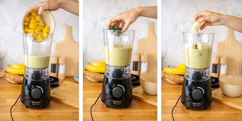 Adicione os espinafres, o ananás e a banana congelados. Triture até ficar um creme aveludado.