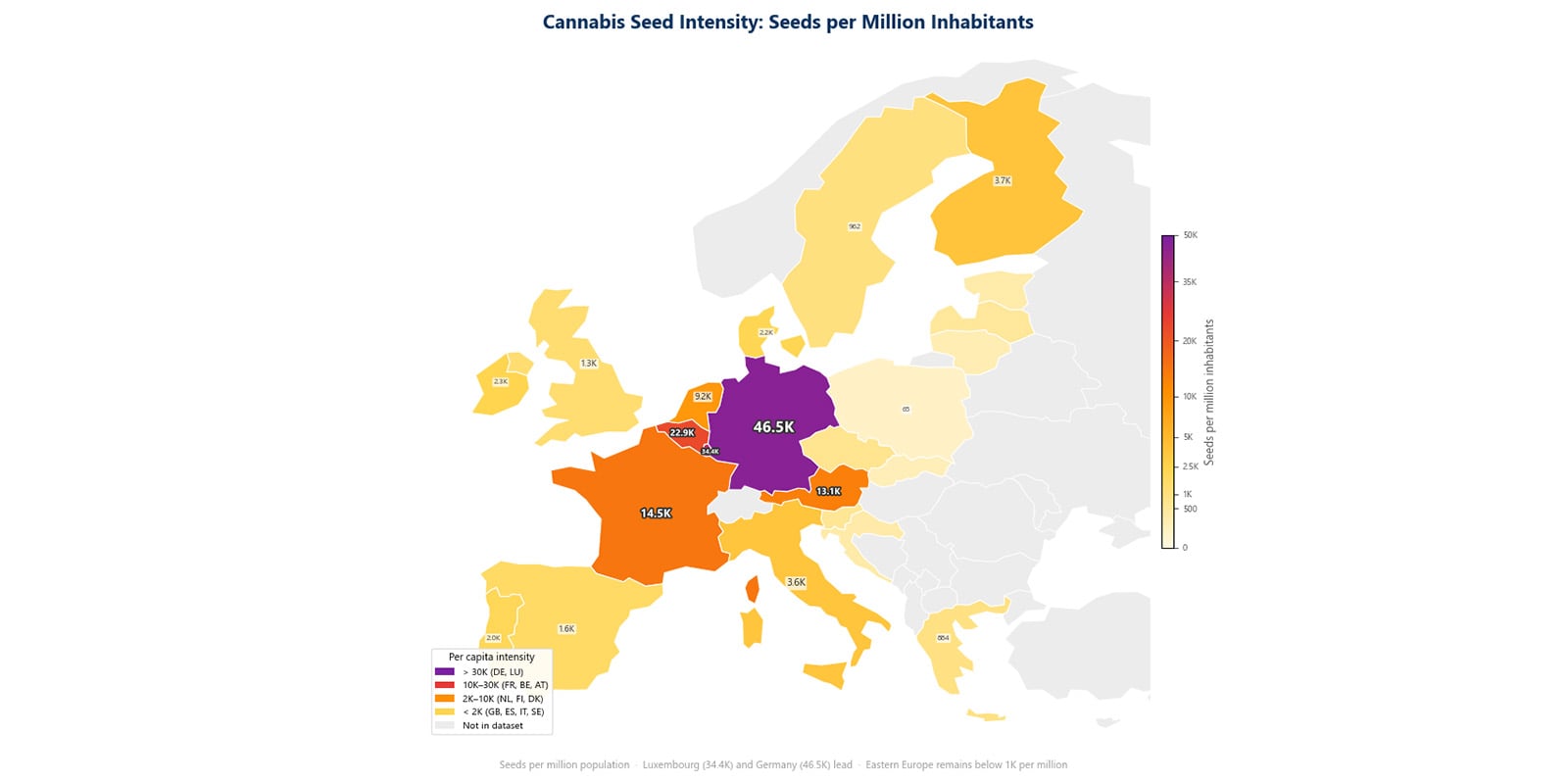 Figura 1: Compras de sementes de canábis per capita na Europa. Figura 1: Compras de sementes de canábis per capita na Europa.