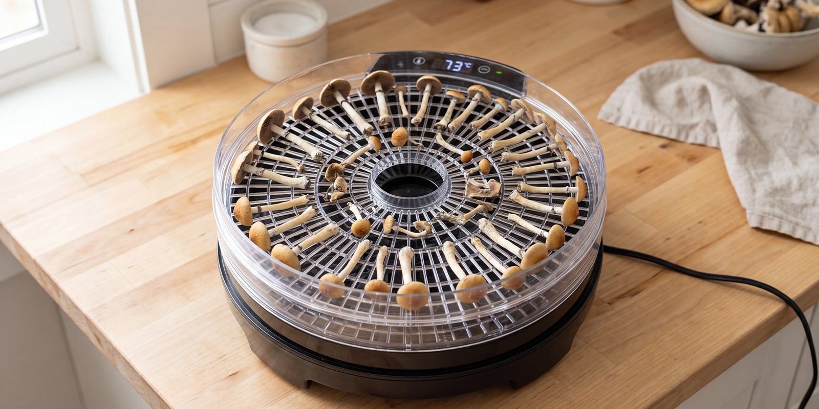 A melhor forma de secar cogumelos mágicos: usa um desidratador alimentar (70–75 °C) A melhor forma de secar cogumelos mágicos: usa um desidratador alimentar (70–75 °C)