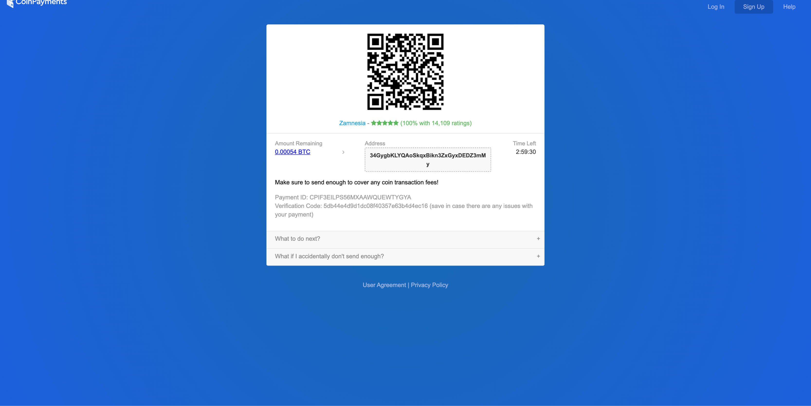 Endereço Bitcoin da Zamnesia