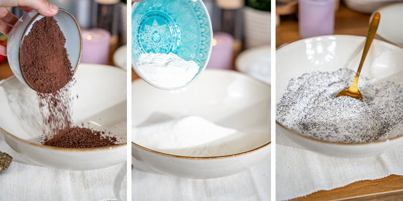 Misture bem a farinha, o cacau em pó, o fermento e o sal numa taça média. Misture bem a farinha, o cacau em pó, o fermento e o sal numa taça média.