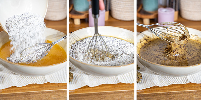 Adicione gradualmente os ingredientes secos à mistura líquida, mexendo até obter uma massa consistente e sem grumos. Adicione gradualmente os ingredientes secos à mistura líquida, mexendo até obter uma massa consistente e sem grumos.