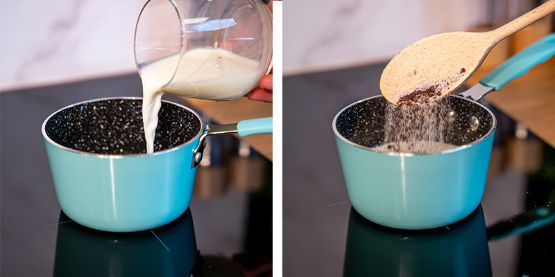 To prepare the drink, heat up 240ml of milk (per serving) in a saucepan or microwave.